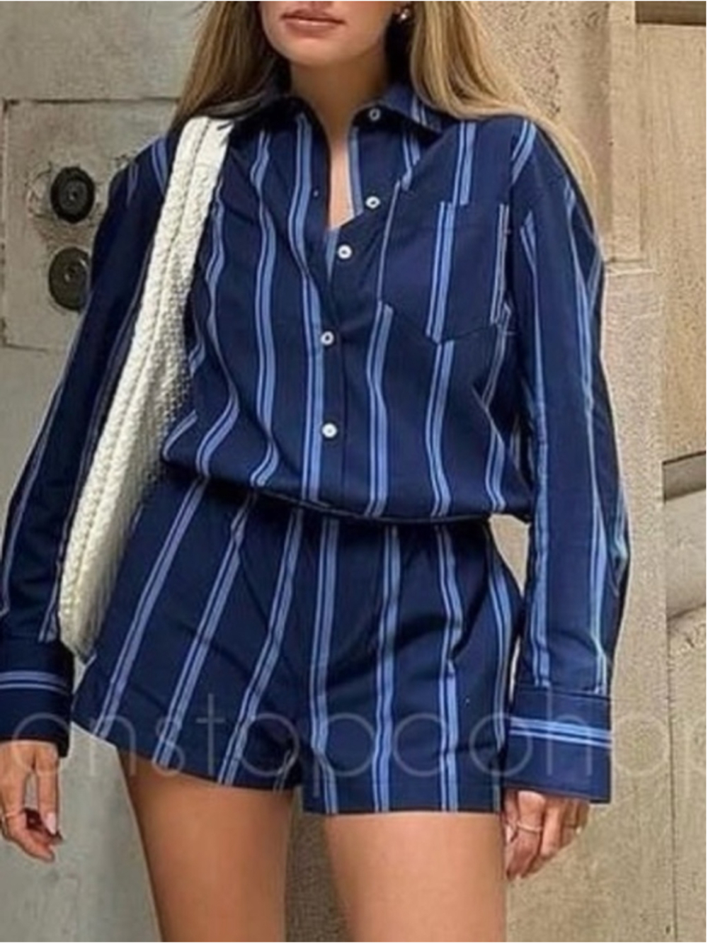 Zara Striped Shirt Romper | Navy Blue | Size L | Linen Blend | Long Sleeve - Picture 1 of 10